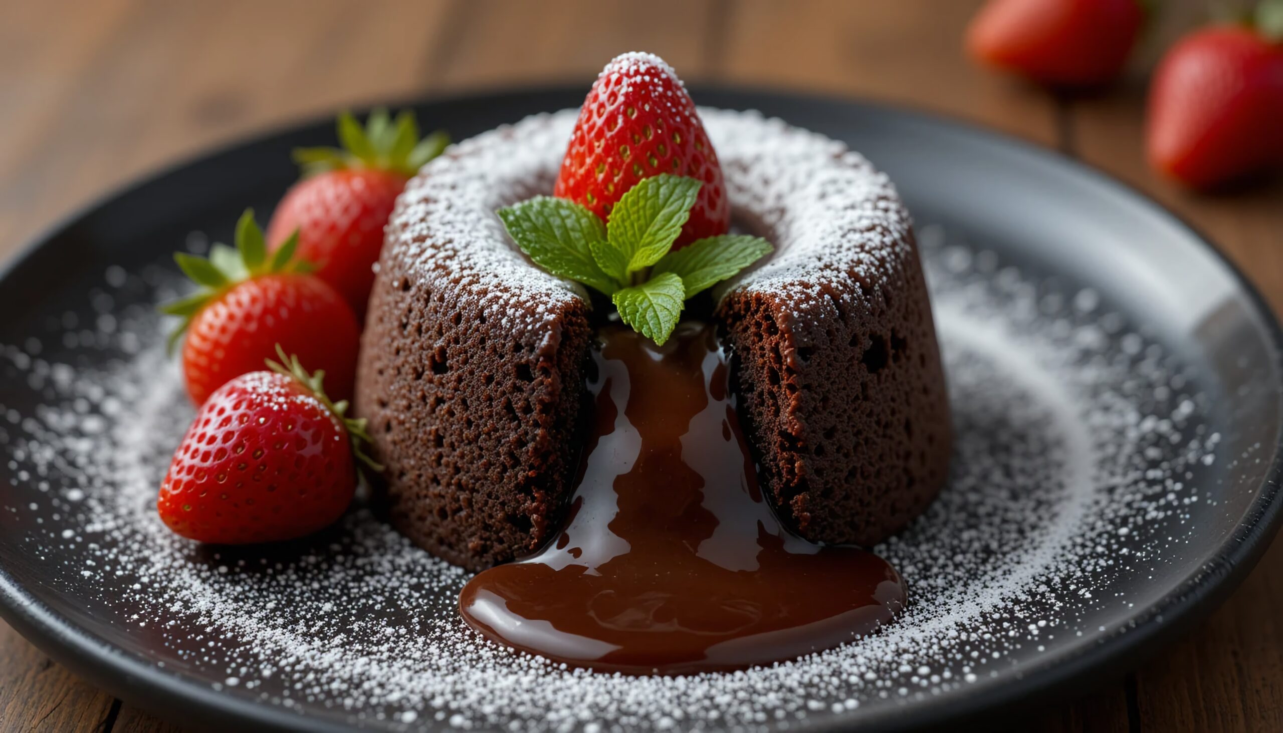 Schokoladenküchlein mit flüssigem Kern und Erdbeeren